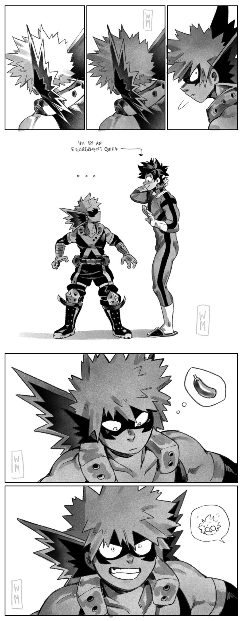 black_and_white blush enlargement flustered hero_outfit_(mha) izuku_midoriya katsuki_bakugou large_bulge large_penis looking_down looking_down_at_penis my_hero_academia penis_enlargement size_difference smile tall taller_male wildmage yaoi