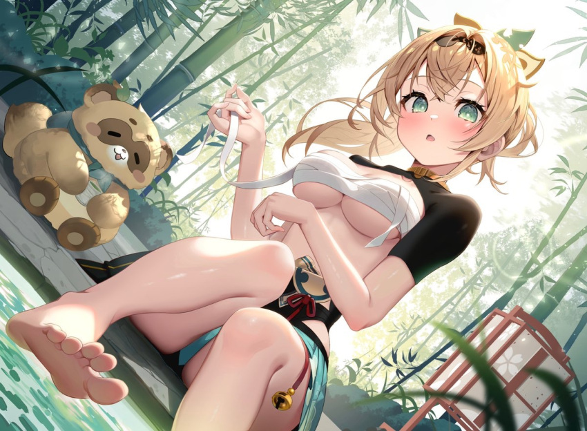 bamboo bamboo_forest blush bound_breasts embarrassed feet hololive hololive_japan holox kazama_iroha lake large_breasts looking_at_viewer looking_down neoteny partially_submerged sitting soles tanuki unwrapping virtual_youtuber