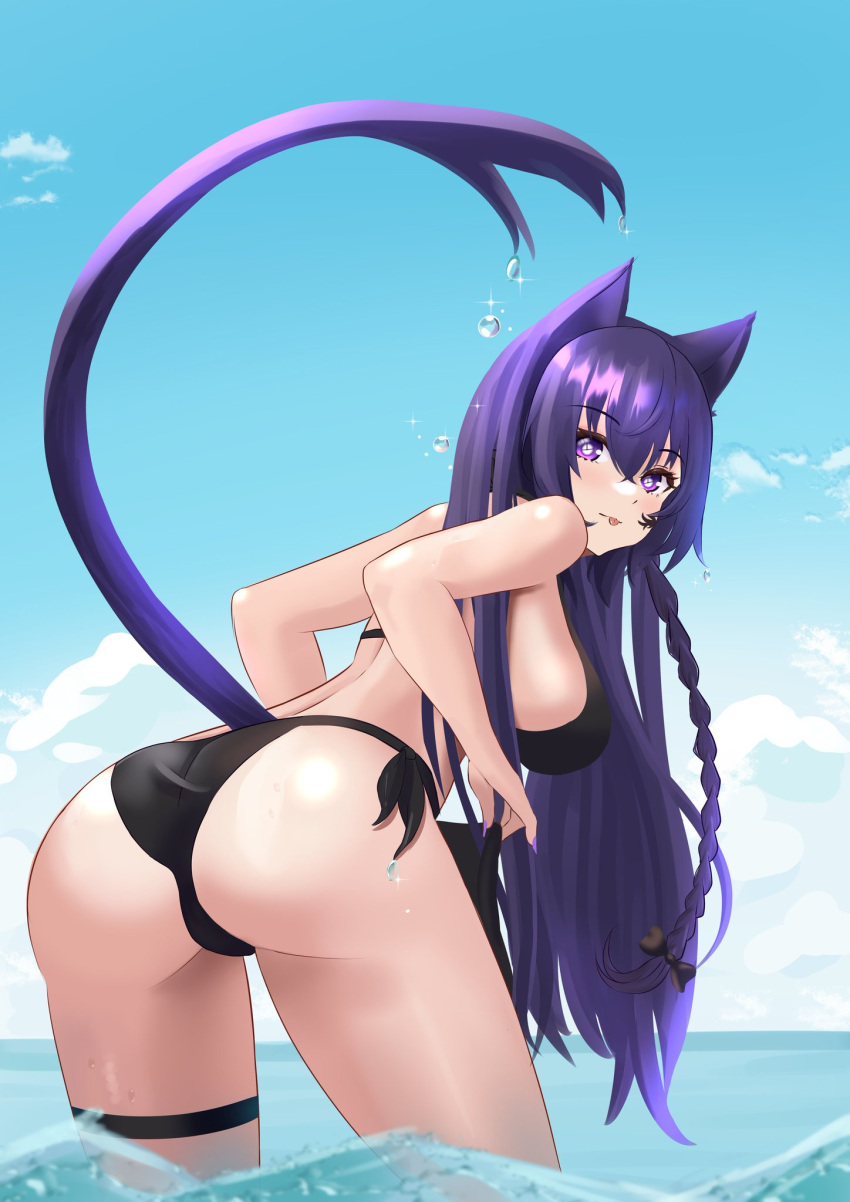 1girls animal_ears animal_tail back_view bikini black_bikini day estebaneishon1 female female_focus female_only highres latam_virtual_youtuber light-skinned_female light_skin long_hair looking_at_viewer mai_noboshi ocean purple_eyes purple_hair purple_nails standing_in_water summer swimsuit thong_bikini virtual_youtuber vjin vtuber vtuberfanart water wet wet_body