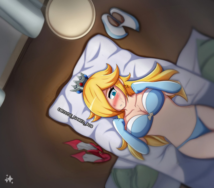 1girls 2d 2d_(artwork) ai_generated bed blonde_hair blue_eyes blush dude_named_bob hair_over_one_eye long_gloves lying_on_back lying_on_bed mario_(series) nintendo princess_rosalina super_mario_galaxy underwear unsure