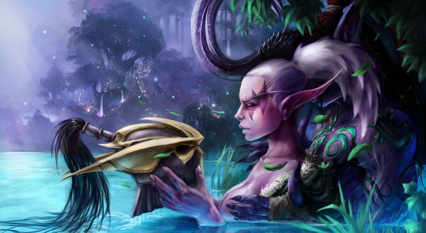 1boy 1boy1girl 1girls 2d 2d_(artwork) 2d_artwork blizzard_entertainment breasts_covered darnassus demon_boy demon_horns demon_hunter demon_hunter_(warcraft) elf elf_ear elf_ears elf_female elf_girl elf_male female female/male helmet helmet_removed illidan_stormrage love maiev_shadowsong male male/female moonwell night_elf ponytail purple_skin ricardo_emig romance romantic romantic_ambiance romantic_couple tattoo tattooed_chest undressing warcraft white_hair world_of_warcraft