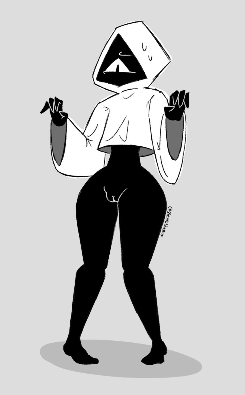 black_body bottomless embarrassed featureless_face featureless_feet female female_only gieniotheguy hood hooded_jacket humanoid_genitalia one_eye pussy robot sub_(va_arcade) sweat sweatdrop thick_thighs v.a_proxy va_arcade vagina