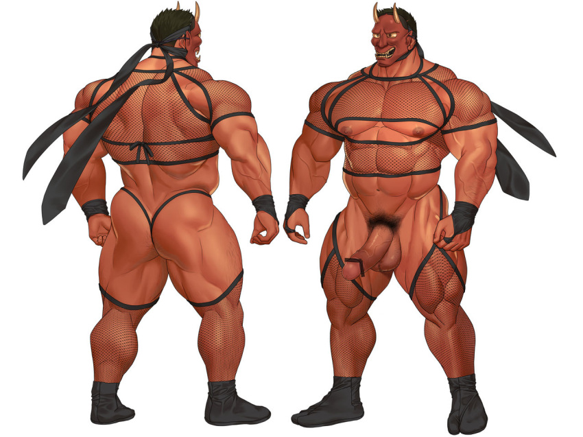 balls bar_censor bara beard censor_bar censored censored_genitalia censored_penis facial_hair flaccid kuromine_hiraya male male_only mask mesh muscles muscular penis solo solo_male yuatari