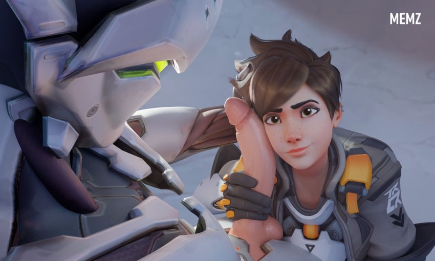 1boy 1girls 3d cock_against_face freckles genji holding_penis male memz3d overwatch overwatch_2 penis tracer