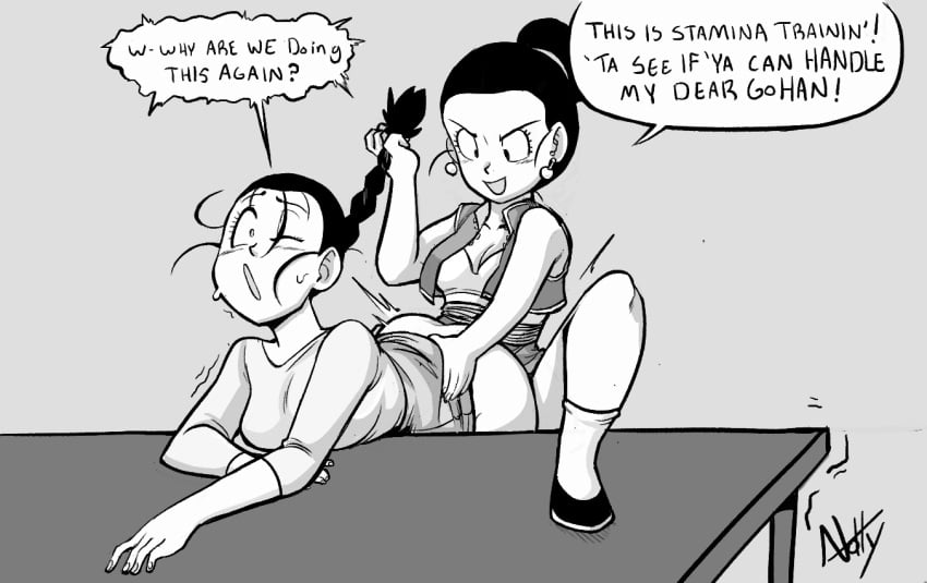 2girls ass_grab black_and_white black_hair braided_hair braided_ponytail chichi dialogue dragon_ball dragon_ball_gt dragon_ball_z earrings foot_on_table fucked_from_behind fucked_senseless fucked_silly hair_bun hair_pull hair_pulling implied_penetration milf mother-in-law_and_daughter-in-law one_eye_closed videl videl_(gt_saga) yotomoe yuri