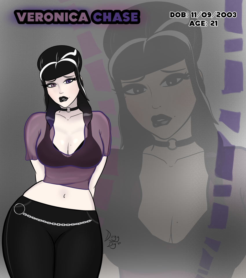 beauty_mark big_breasts black_eyeliner black_eyeshadow black_hair black_lipstick bra chains choker cleavage curvy dugg_dig goth goth_girl heterochromia jeans oc original_character see-through_clothing veronica_chase_(dugg_dig) white_strand_of_hair wide_hips