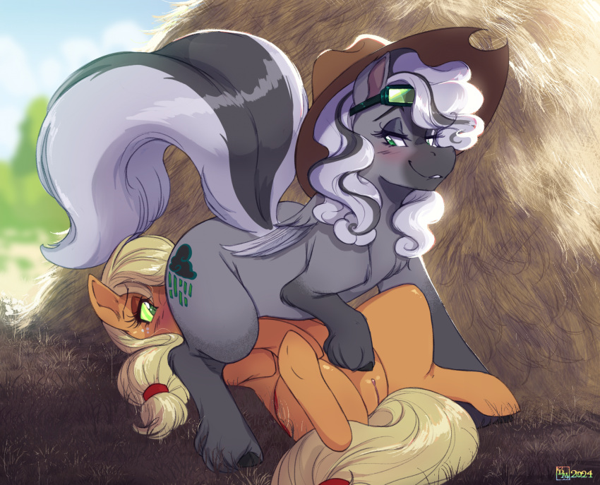 69_position applejack_(mlp) blonde_hair blush clothing cowboy_hat doronkomajo duo equid equine female female/female feral feral_on_feral friendship_is_magic genitals hair hasbro hat hay headgear headwear hi_res hooves lying mammal my_little_pony on_back oral pussy quadruped sex