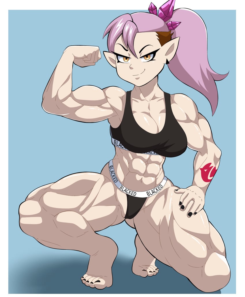 alternate_muscle_size amity_blight arm_tattoo black_fingernails black_panties blacked blacked_(phrase) blacked_clothing bra brown_eyes brown_hair cleavage clothes_writing flexing flexing_bicep full_body hand_on_own_thigh kneeling loquillo loquillo66 medium_breasts meme_attire multicolored_hair muscular_arms muscular_female muscular_legs panties ponytail purple_hair simple_background smirk solo the_owl_house thick_thighs