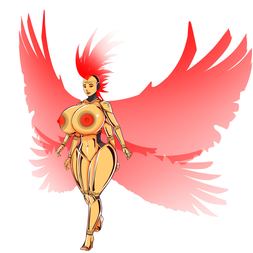 angel angel_wings becsantus female gold_(metal) huge_ass huge_breasts hyper_breasts mechanonim mohawk mohawk_(hairstyle) red_eyes red_hair red_lipstick red_wings robot robot_girl robot_humanoid robot_joints robotic_angel robotic_arm translucent_hair translucent_wings wings