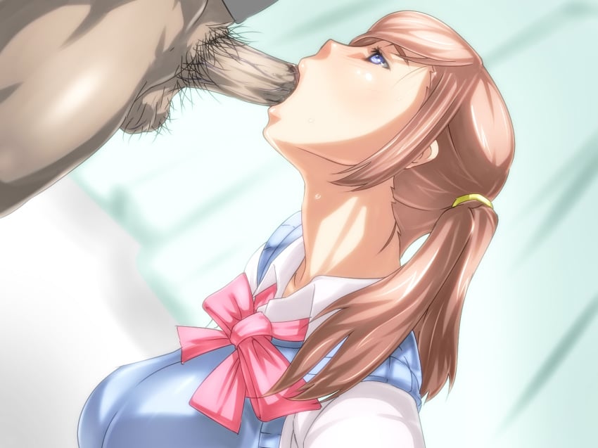 blue_eyes brown_hair fellatio female highres long_hair oral original penis school_uniform terumax tied_hair twintails uncensored