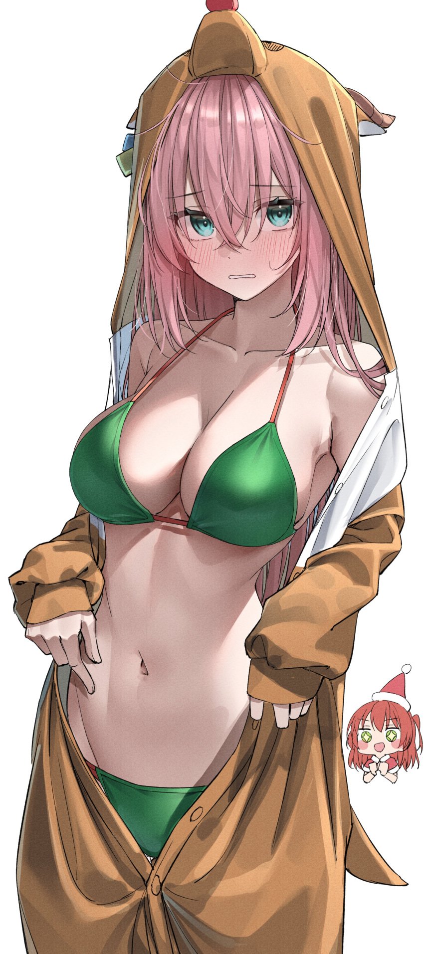 1girls armpits bare_arms bare_midriff bare_shoulders bare_thighs belly belly_button bikini blue_eyes blush bocchi_the_rock! breasts cleavage collarbone embarrassed female female_focus female_only fingers gotou_hitori green_bikini green_swimsuit groin hair_between_eyes hair_ornament hourglass_figure kawai_ritsu_(rits_meg) kita_ikuyo large_breasts light_skin long_hair looking_at_viewer medium_breasts navel nervous nervous_face onesie pajamas pink_hair red_hair reindeer_costume shoulders shy shy_expression simple_background slender_body slender_waist slim_girl slim_waist solo star_eyes straight_hair string_bikini student swimsuit teenage_girl teenager thighs thin_waist undressing upper_body v-line white_background wide_hips