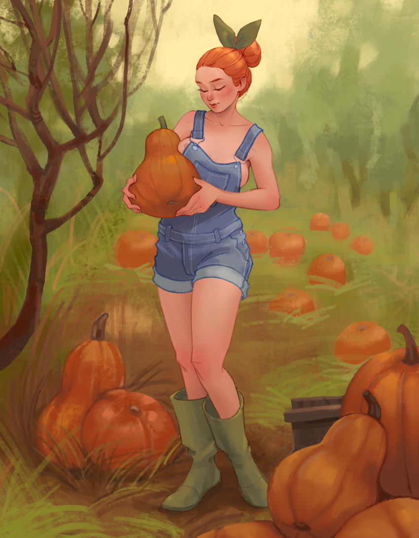 1girls autumn boots breast_press cosy denim garden gardening graceful hair_bun hair_ribbon light_skin long_legs looking_down medium_breasts nipple nipple_slip nsfw_version_available outdoors overall_shorts overalls overalls_down overalls_only plant plants pose pumpkin red_hair rubber_boots rubyaxehound rue_(rubyaxehound) shy solo wholesome