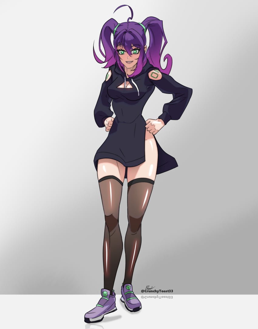 1robot_girl 2d crunchytoast33 female green_eyes ic0n internecion_cube leggings no_panties original_character pounded_toast purple_hair robot_girl robot_humanoid solo stockings thighhighs twintails watermark