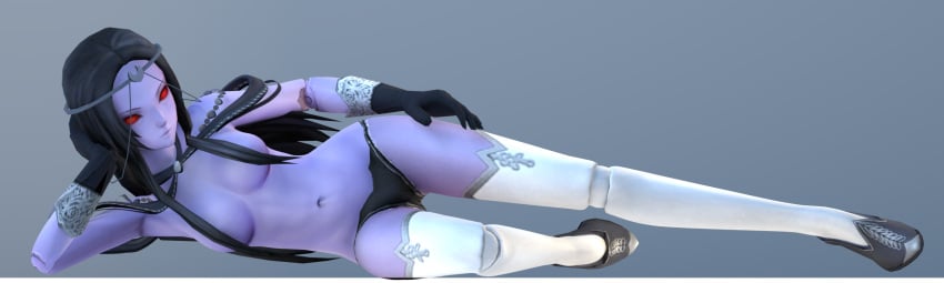 3d 3d_model armpits belly breasts dark_hair female female_focus female_only figure figurine gloves goth goth_girl hair_over_breasts half_naked high_heels laying_down looking_at_viewer microvolts navel pandora_(microvolts) panties partially_clothed partially_nude purple_skin red_eyes render thighhighs topless