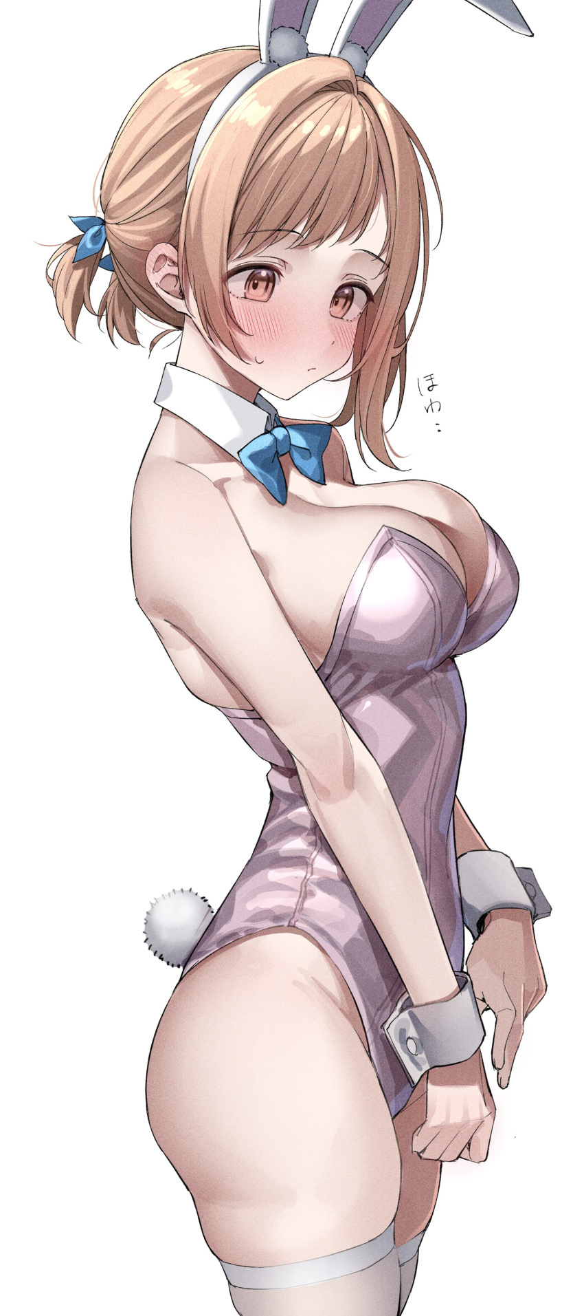 1girls bare_arms bare_shoulders bare_thighs blue_bow blush breasts breasts brown_eyes brown_hair bunny_ears bunny_tail bunnysuit cleavage collarbone embarrassed female female_focus female_only fingers hair_between_eyes highleg highleg_leotard hourglass_figure kawai_ritsu_(rits_meg) large_breasts light_skin love_live! love_live!_nijigasaki_high_school_idol_club medium_breasts nervous nervous_face rabbit_ears sakuragi_mano short_hair shoulders shy shy_expression simple_background slender_body slender_waist slim_girl slim_waist solo thighhighs thighs thin_waist upper_body v-line white_background white_bunnysuit white_collar wide_hips wrist_cuffs