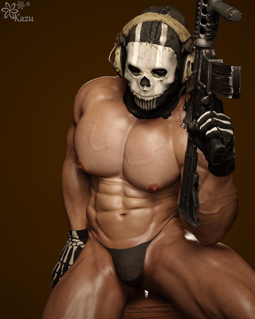 1boy 1human 1male 3d 3d_(artwork) 3d_model artillery bara bara_tiddies bara_tits black_string_bikini firearm ghost_(modern_warfare_2) holding_weapon kazuworks light-skinned_male light_skin male male_focus male_only masked masked_male muscles muscular muscular_male pecs pointing_at_viewer scantily_clad simon_riley smooth_body smooth_skin solo solo_focus solo_male string_bikini unknown_character unknown_male