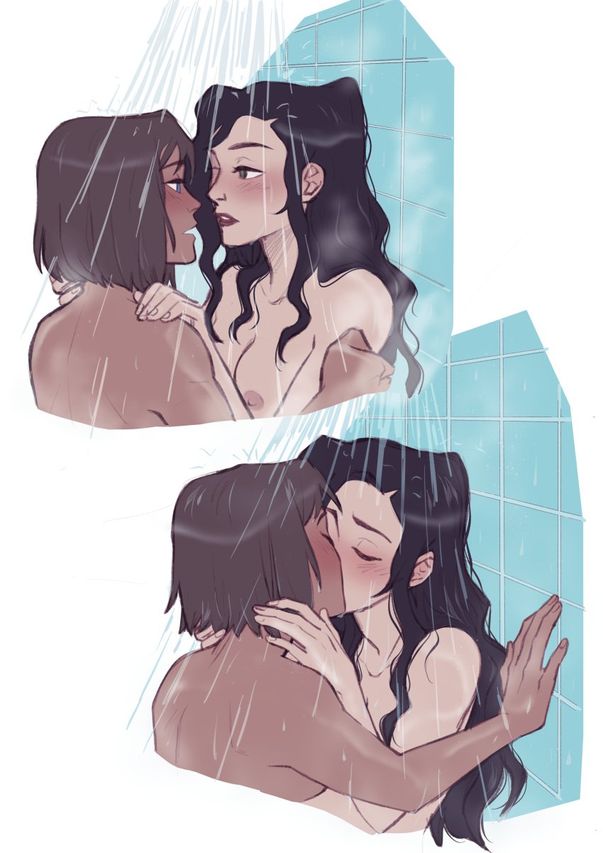 2girls asami_sato avatar_legends avatar_the_last_airbender bathing black_hair blue_eyes blush breasts brown_hair canon_couple chocolate_and_vanilla closed_eyes completely_nude dark-skinned_female female female_only green_eyes hand_on_another's_shoulder hand_on_wall human interracial kissing korra light-skinned_female long_hair looking_at_another multiple_girls nipples nonbender oliviajoytaylor romantic_couple short_hair shower showering_together the_avatar the_legend_of_korra water_tribe wet wet_body wet_hair white_background wholesome yuri