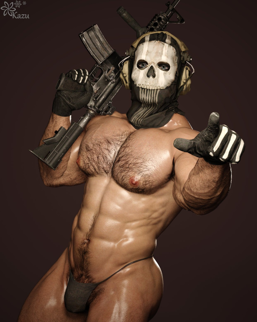 1boy 1human 1male 3d 3d_(artwork) 3d_model artillery black_string_bikini firearm ghost_(modern_warfare_2) hairy hairy_body hairy_male happy_trail holding_weapon kazuworks light-skinned_male light_skin male male_focus male_only masked masked_male muscles muscular muscular_male pointing_at_viewer scantily_clad simon_riley solo solo_focus solo_male string_bikini unknown_character unknown_male