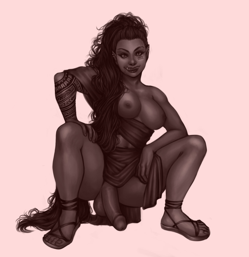 1futa areolae athletic_futanari balls big_breasts big_penis bottomless breasts clothed clothing commissioner_upload dark-skinned_futanari dark_skin flaccid futa_only futanari long_hair monochrome nipples orc orc_futanari partially_clothed penis penis_under_skirt presenting_penis solo_futa squatting suumunster