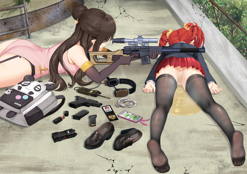 2girls backpack bag black_socks brown_hair clothing defeated_heroine female female_only firearm gun hair_ribbon handgun human incontinence medium_hair multiple_girls mvv pale_skin panties peeing pissing_self pointy_ears red_hair rifle short_hair sniper sniper_rifle socks tagme thigh_socks thighhighs twintails upskirt urinating_female urination weapon white_panties