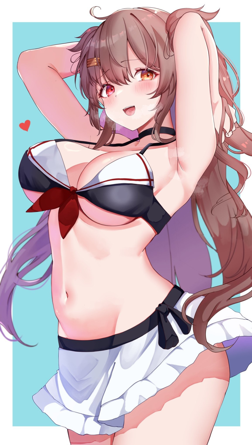 bikini brown_hair calin heterochromia ponytail tummy