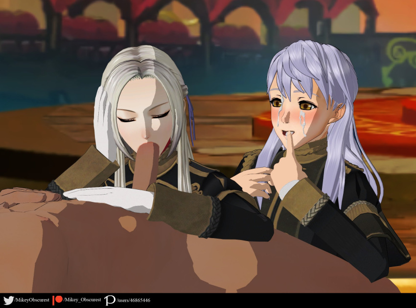 1boy 2girls 3d after_fellatio after_oral after_sex alternate_costume closed_eyes cum cum_in_mouth cum_on_face edelgard_von_hresvelg fellatio female fire_emblem fire_emblem:_radiant_dawn fire_emblem:_three_houses garreg_mach_monastery_uniform gloves grey_hair indoors long_hair long_sleeves male micaiah_(fire_emblem) mikey_obscurest multiple_girls nintendo one_after_another oral penis silver_hair uncensored yellow_eyes