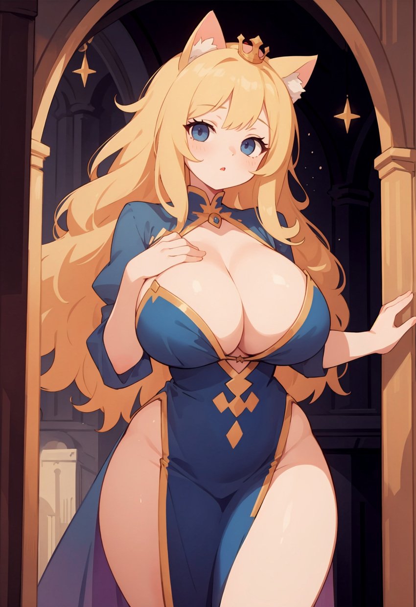 1female 1girls ai_generated ass big_ass big_breasts blonde_hair blue_eyes boots breasts cat_ears cat_girl catgirl cleavage cleavage_cutout cleavage_dress cute double_slit_dress dress female female_only huge_breasts jorgecarlosai loincloth loincloth_dress long_hair looking_at_viewer neko_girl nekomimi queen royal royalty side_cut slit_dress solo solo_female thick thick_ass thick_thighs thighs very_long_hair voluptuous voluptuous_female wide_hips