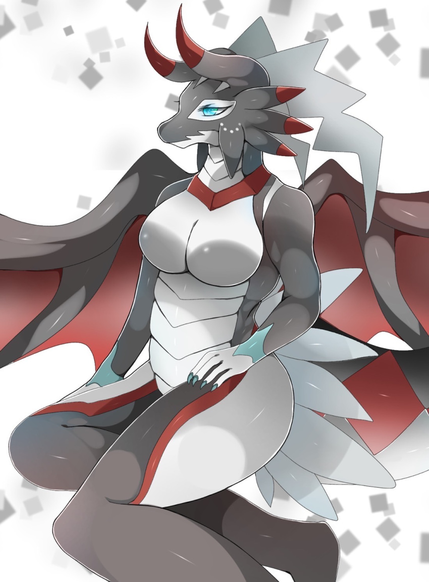 anthro anthro_only blue_eyes breasts dragon dragoness dragonmaid_series_(yu-gi-oh!) dragonmaid_sheou dragonryuusuki duel_monster featureless_breasts female female_focus female_only horns humanoid long_eyelashes no_nipples scales scalie tail thick_thighs thin_waist white_scales wide_hips wings yu-gi-oh!