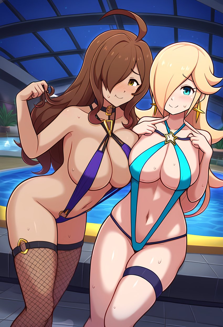 2girls ai_generated blonde_hair brown_hair crossover darkstar522 female female_only kono_subarashii_sekai_ni_shukufuku_wo! mario_(series) nai_diffusion nintendo princess_rosalina stable_diffusion super_mario_galaxy tagme white_skin wiz_(konosuba)