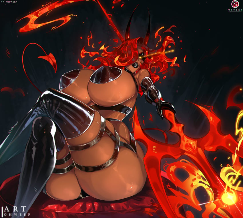 1girls 2024 2d 2d_(artwork) ass big_ass big_breasts big_butt big_thighs black_eyeshadow black_lipstick breasts busty covered_nipples dark-skinned_female dark_skin elbow_gloves female female_focus female_only fire_hair gloves glowing_eyes hi_res highres hips hourglass_figure huge_breasts large_ass large_breasts large_thighs latex latex_elbow_gloves latex_gloves latex_thighhighs nipple_bulge ohweep original original_character sitting skindentation solo solo_female solo_focus spade_tail thick_thighs thigh_strap thighs trident voluptuous weapon wide_hips