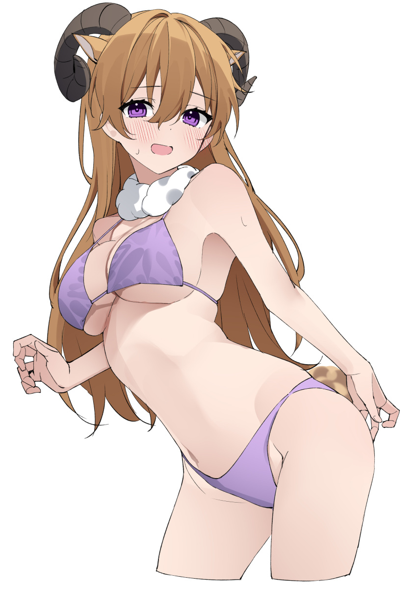 1girls armpits ass bare_arms bare_legs bare_midriff bare_shoulders bare_thighs belly belly_button bikini blush breasts brown_hair cleavage collarbone female female_focus female_only fingers groin hair_between_eyes hand_on_ass hand_on_butt horns hourglass_figure kawai_ritsu_(rits_meg) konoe_kanata large_breasts light_skin long_hair looking_at_viewer love_live! love_live!_nijigasaki_high_school_idol_club medium_breasts navel purple_bikini purple_eyes purple_swimsuit shoulders simple_background slender_body slender_waist slim_girl slim_waist solo straight_hair string_bikini sweat swimsuit thighs thin_waist upper_body v-line white_background wide_hips