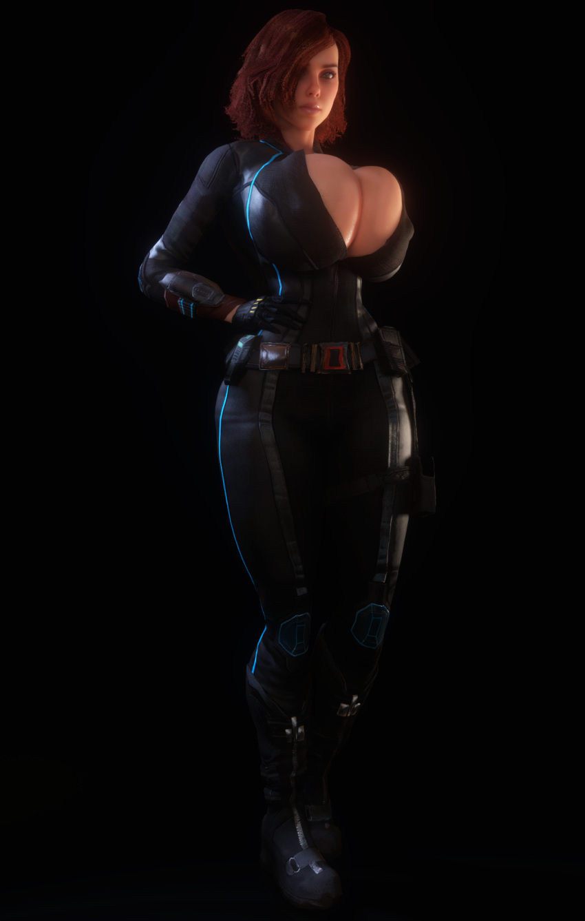 1girls 3d 3d_(artwork) alternate_breast_size asymmetrical_hair black_bodysuit black_widow_(marvel) bodysuit breasts_bigger_than_head cleavage clothed clothed_female enormous_breasts female female_only female_solo gigantic_breasts gloves green_eyes hair_over_one_eye hourglass_figure huge_breasts human human_female human_only looking_at_viewer marvel marvel_cinematic_universe massive_breasts natasha_romanoff open_bodysuit open_clothes red_hair skin_tight solo solo_female thick_thighs tight_clothes vaako wide_hips