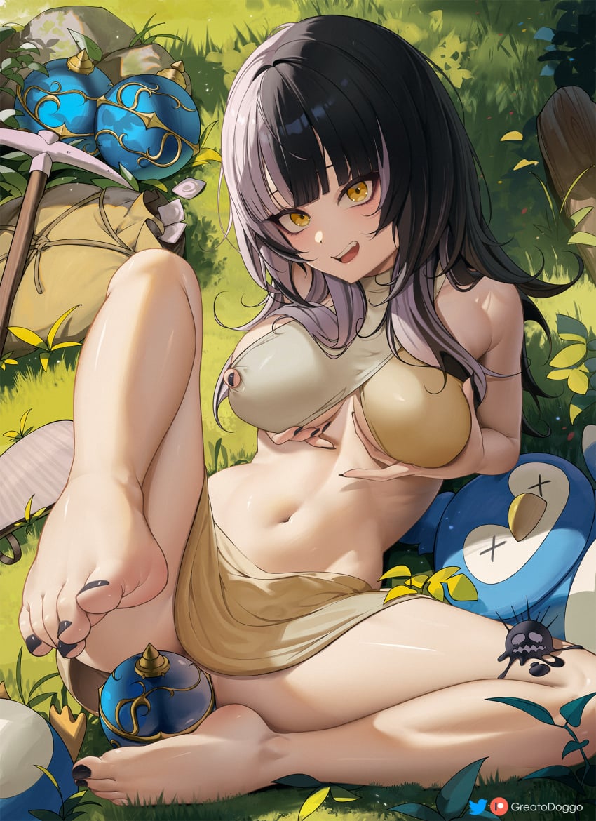 :d anus artist_name bare_shoulders barefoot black_hair black_nails breasts condom condom_wrapper criss-cross_halter day feet female fingernails foot_fetish foot_focus full_body grabbing grabbing_own_breast grass greatodoggo grey_hair halterneck highres holoadvent hololive hololive_english hololive_english_-advent- knee_up leaning_back long_hair looking_at_viewer medium_breasts microskirt midriff multicolored_hair nail_polish navel no_panties oerba_yun_fang on_grass open_mouth outdoors pal_(species) pal_sphere palworld patreon_logo pengullet pickaxe presenting_foot shiori_novella sitting skirt smile split-color_hair spread_legs stomach striped_arm_warmers thighs toenail_polish toenails toes twitter_logo two-tone_hair virtual_youtuber yellow_eyes yorick_(shiori_novella)