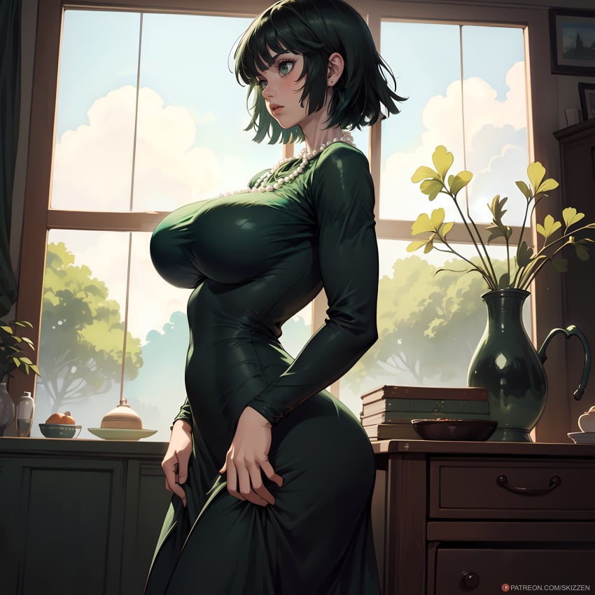 ai_generated bangs big_breasts dress fubuki_(one-punch_man) green_dress green_eyes green_hair huge_breasts one-punch_man short_hair skintight skizzen slim_waist taut_clothes wide_hips