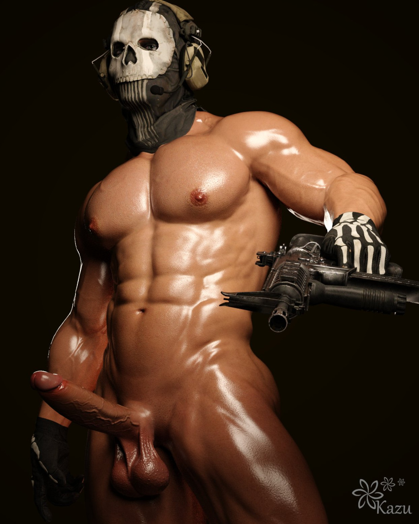 1boy 1human 1male 3d 3d_(artwork) 3d_model artillery bara bara_tiddies bara_tits erect_penis erection firearm ghost_(modern_warfare_2) holding_weapon kazuworks light-skinned_male light_skin male male_focus male_only masked masked_male muscles muscular muscular_male scantily_clad smooth_body smooth_skin solo solo_focus solo_male unknown_character unknown_male veiny_penis