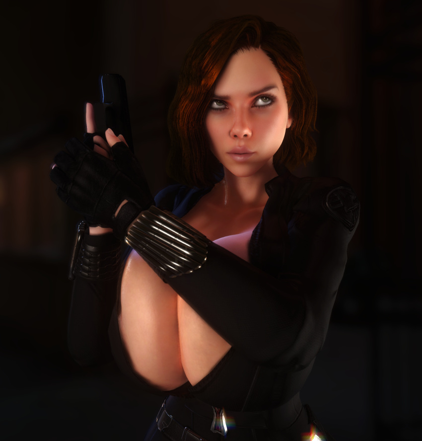 1girls 3d 3d_(artwork) alternate_breast_size black_bodysuit black_widow_(marvel) bodysuit breasts_bigger_than_head cleavage clothed clothed_female enormous_breasts female female_only female_solo fingerless_gloves gigantic_breasts gloves green_eyes gun holding_gun holding_object holding_weapon hourglass_figure huge_breasts human human_female human_only marvel marvel_cinematic_universe natasha_romanoff open_bodysuit open_clothes pistol red_hair skin_tight solo solo_female thick_thighs tight_clothes vaako weapon wide_hips