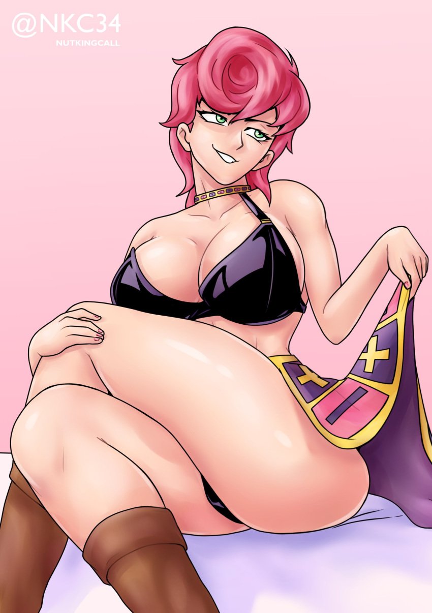 1girls big_ass big_breasts boots bra breasts crossed_legs female female_focus human jojo's_bizarre_adventure light-skinned_female light_skin long_legs nutkingcall panties pink_hair short_hair shounen_jump sitting skirt_lift smirk teasing thick_thighs thighs trish_una vento_aureo