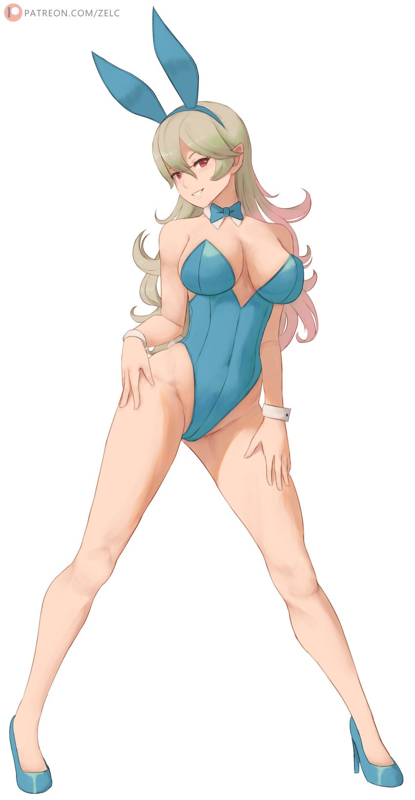 1girls absurdres alternate_costume animal_ears bare_legs black_leotard blue_leotard bow bowtie breasts bunny_ears bunny_girl bunnysuit corrin_(female)_(fire_emblem) corrin_(fire_emblem) corrin_(fire_emblem)_(female) covered_navel detached_collar english_commentary fake_animal_ears fake_tail female female_only fire_emblem fire_emblem_fates full_body grin hands_on_own_hips high_heels highres large_breasts legs leotard long_hair looking_at_viewer nintendo playboy_bunny pointy_ears rabbit_ears rabbit_tail red_eyes smile solo standing strapless strapless_leotard tail white_background white_hair wrist_cuffs zelc-face