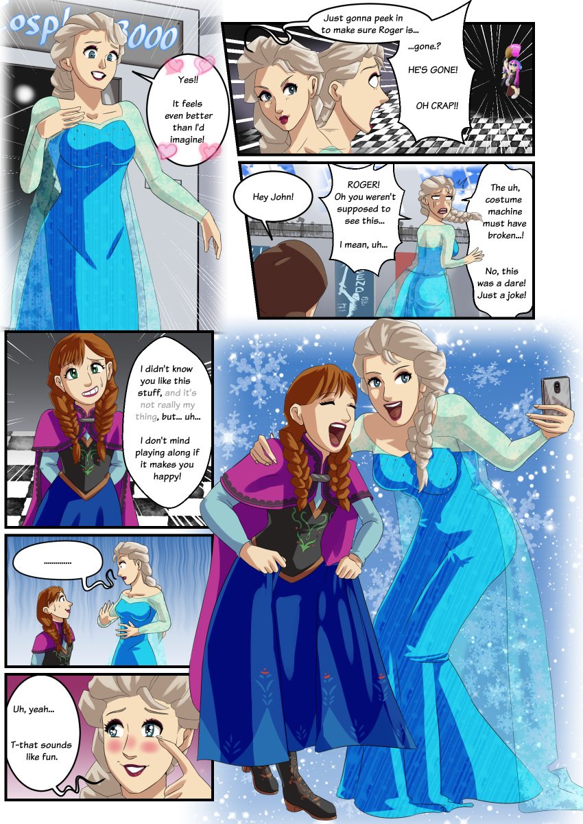 2girls anna_(frozen) comic comic_page dialogue disney_princess dress elsa_(frozen) female_only fieryjinx frozen_(film) makeover multiple_girls princess sisters