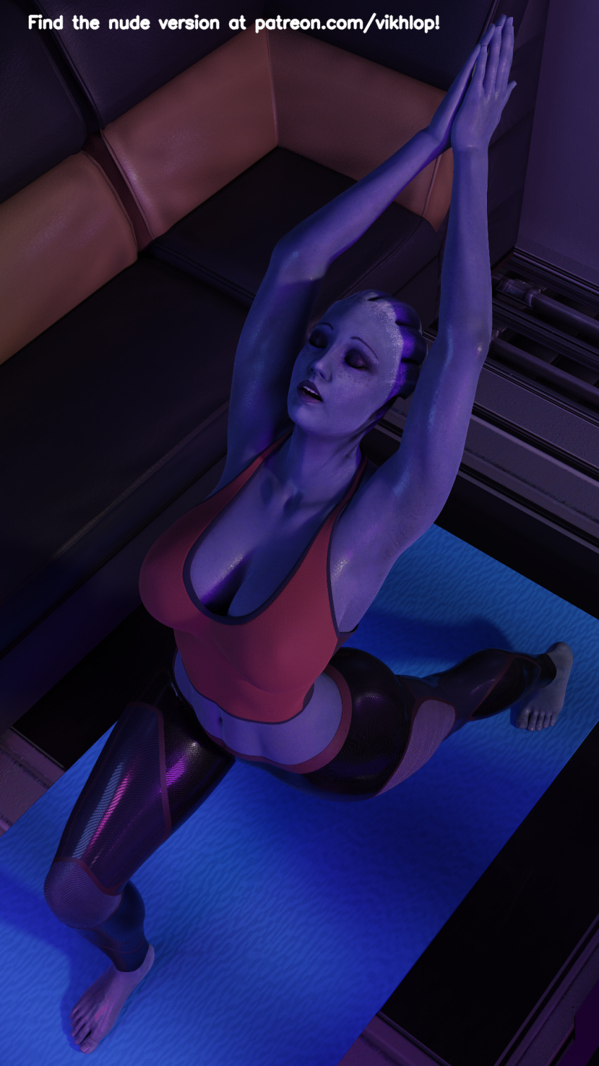 3d liara_t'soni mass_effect stretch tank_top vikhlop yoga yoga_mat yoga_pants yoga_pose
