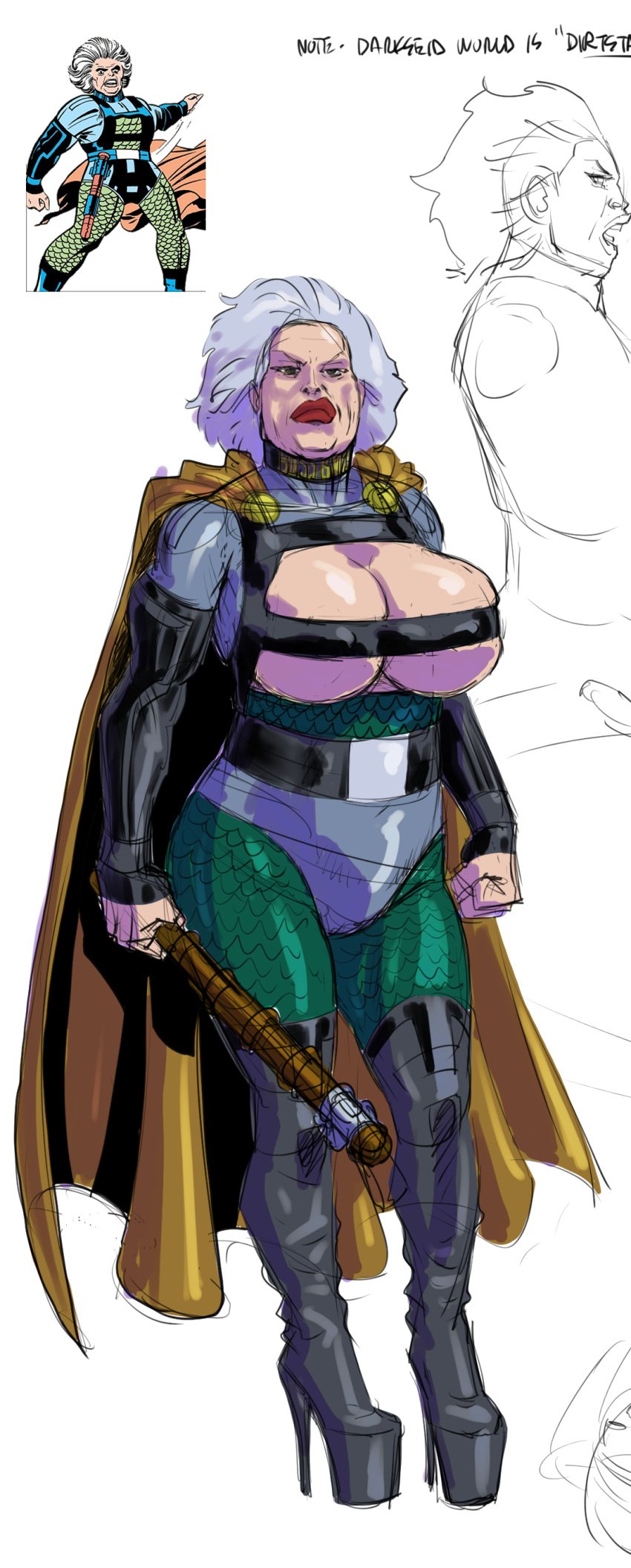 1girls 2024 belt big_breasts boob_window breasts cape dc dc_comics female_only fenris_comix fist gilf granny granny_goodness hair heels high_heels holding_object holding_weapon lips looking_at_viewer mature mature_female mature_woman platform_heels red_lips redesign reference_image short_hair solo_female standing the_new_gods thick_lips thick_thighs weapon white_hair