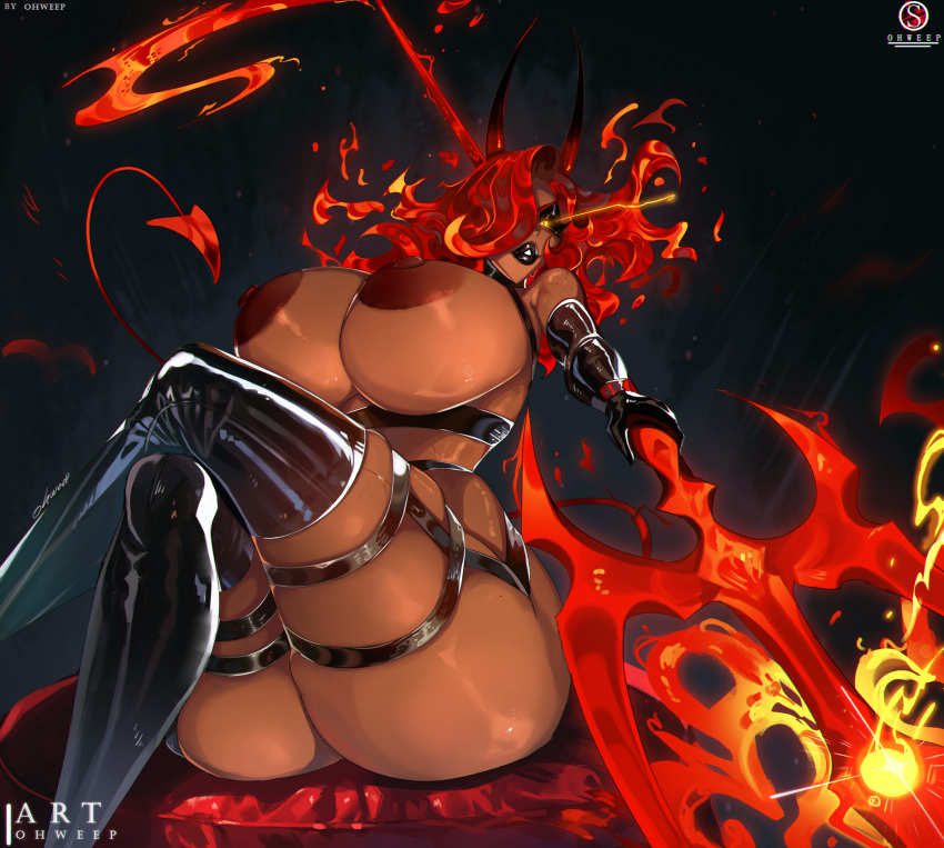 1girls 2024 2d 2d_(artwork) areola areolae ass big_ass big_breasts big_butt big_thighs black_eyeshadow black_lipstick breasts busty dark-skinned_female dark_skin elbow_gloves female female_focus female_only fire_hair gloves glowing_eyes hi_res highres hips hourglass_figure huge_breasts large_ass large_breasts large_thighs latex latex_elbow_gloves latex_gloves latex_thighhighs nipples ohweep original original_character sitting skindentation solo solo_female solo_focus spade_tail thick_thighs thigh_strap thighs trident voluptuous weapon wide_hips