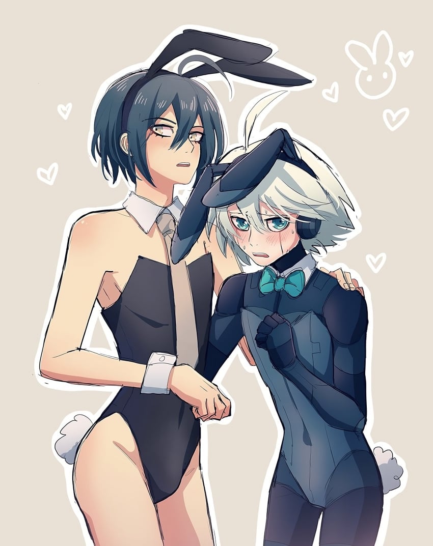 2boys ahoge android blue_eyes blue_hair blush bowtie boy bulge bunny_boy bunny_ears bunny_tail bunnysuit color crossdressing cute danganronpa danganronpa_(series) danganronpa_v3 embarrassed femboy gay hand_on_back hand_on_shoulder heart holding kiibo male male_only mishmasz revealing_clothes robot robot_boy saihara_shuuichi shuichi_saihara shy thighs tie twink white_hair yaoi yellow_eyes