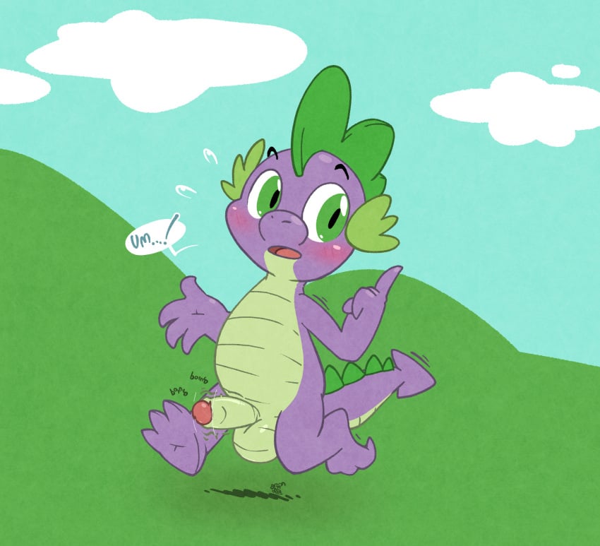 1boy 3_toes anthro argon_vile balls barefoot blush blushing_at_viewer bouncing_penis cloud dialogue dragon english_text feet foreskin friendship_is_magic genitals green_eyes hasbro hi_res male male_only my_little_pony outdoor_nudity partially_retracted_foreskin penis purple_body purple_skin raised_finger running solo solo_focus solo_male speech_bubble spike_(mlp) sweat_droplets sweat_emanata tail text toes