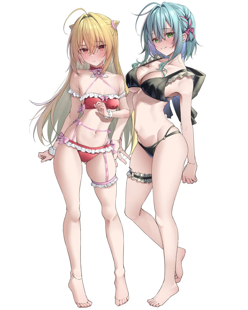 2girls absurd_res absurdres ass bare_arms bare_legs bare_midriff bare_shoulders bare_thighs belly_bulge belly_button bikini black_bikini black_ribbon black_swimsuit blonde_hair blue_hair blush braid braided_hair breasts cleavage collarbone covered_breasts covered_nipples covered_pussy embarrassed female female_only fingers frilled_bikini frilled_thigh_strap frills fully_clothed green_eyes groin hair_between_eyes highres hourglass_figure kawai_ritsu_(rits_meg) knees large_breasts light_skin long_hair looking_at_viewer medium_breasts multiple_girls navel nervous nude posing red_bikini red_eyes red_swimsuit revealing_clothes ribbon short_hair shoulders shy shy_expression simple_background slender_body slender_waist slim_girl slim_waist small_breasts standing straight_hair string_bikini swimsuit thick_thighs thigh_band thigh_strap thighs thin_waist v-line white_background wide_hips