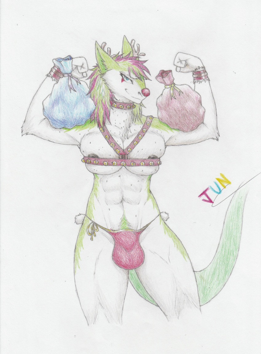 anthro bell bell_harness breast_squish breasts bulge christmas christmas_clothing christmas_headwear clothing female futanari gift harness headgear headwear herm hi_res holidays intersex jingle_bell jingle_bell_harness jun_snowy muscular muscular_female reindeer_antlers sergal solo squish straps