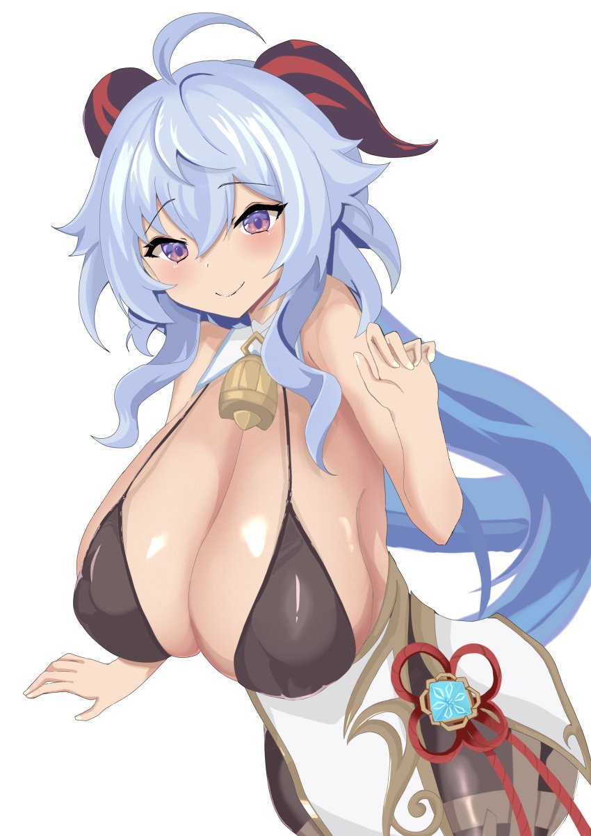 1girls babycastella5 big_breasts bikini bikini_top blue_hair blush breasts female female_only ganyu_(genshin_impact) genshin_impact huge_breasts large_breasts light-skinned_female light_skin solo white_background