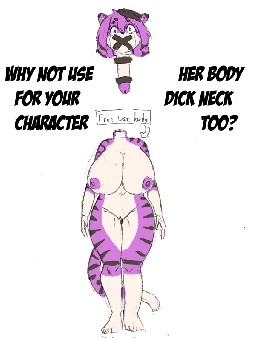 anthro big_breasts bodily_fluids breasts crying detachable detachable_head felid female genitals hi_res huge_breasts komenuka_inaho mammal monophallia nude pantherine penis penis_neck pussy solo tears tiger wide_hips zeno_(komenuka_inaho)