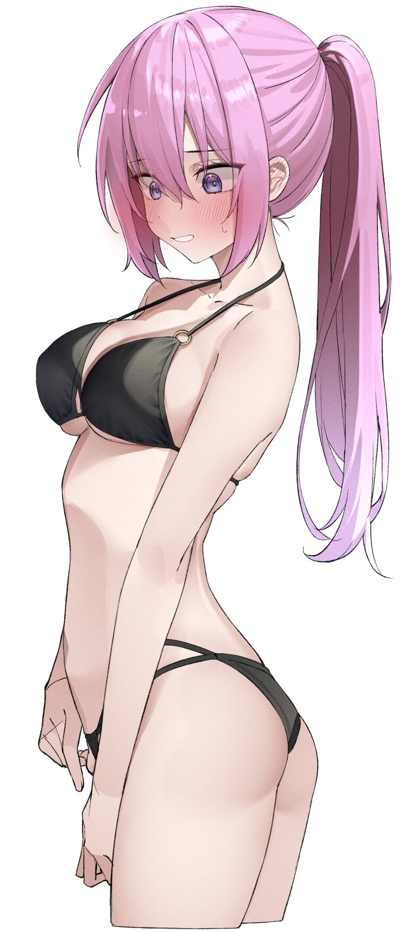 1girls absurd_res absurdres ass ass_cleavage bare_arms bare_back bare_legs bare_midriff bare_shoulders bare_thighs black_bikini black_string_bikini black_swimsuit black_swimwear blush breasts collarbone embarrassed female female_focus female_only fingers hair_between_eyes highres hourglass_figure kawai_ritsu_(rits_meg) kawaii_dake_ja_nai_shikimori-san large_breasts light_skin long_hair medium_breasts nervous nervous_face nude o-ring o-ring_bikini open_mouth ponytail purple_eyes purple_hair schoolgirl shikimori_(kawaii_dake_ja_nai) shikimori_micchon shoulders shy shy_expression sideboob simple_background slender_body slender_waist slim_girl slim_waist solo straight_hair string_bikini student sweat sweatdrop teenage_girl teenager thighs thin_waist upper_body white_background wide_hips