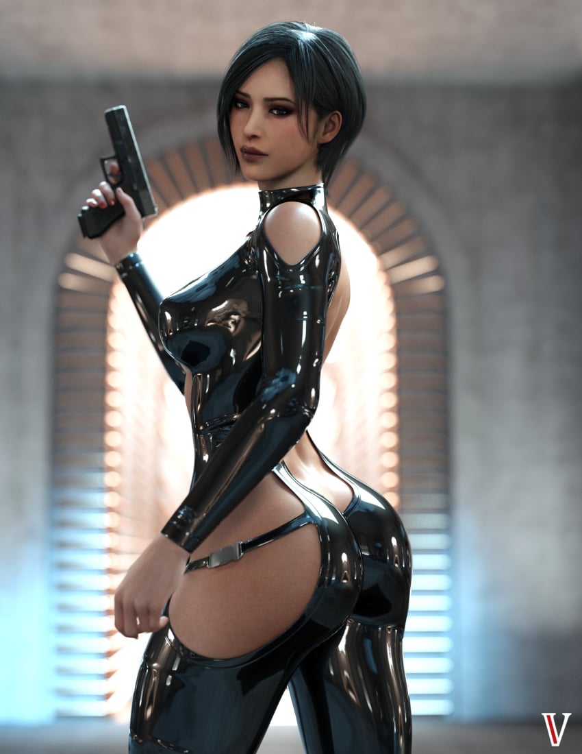 3d ada_wong big_butt capcom drawing_handgun handgun latex_bodysuit medium_breasts nipple_bulge posing resident_evil resident_evil_2 resident_evil_2_remake vyse_red